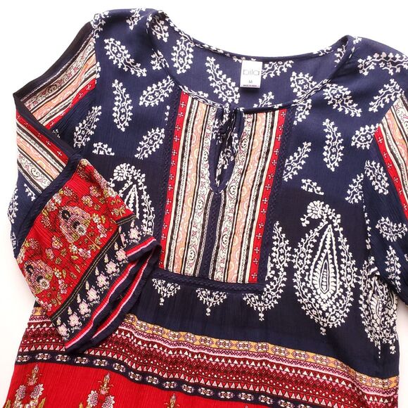 BILA Tunic Top Womens M Blue Red Floral Boho Peasant 3/4 Sleeve Tassel Paisley - Picture 3 of 14